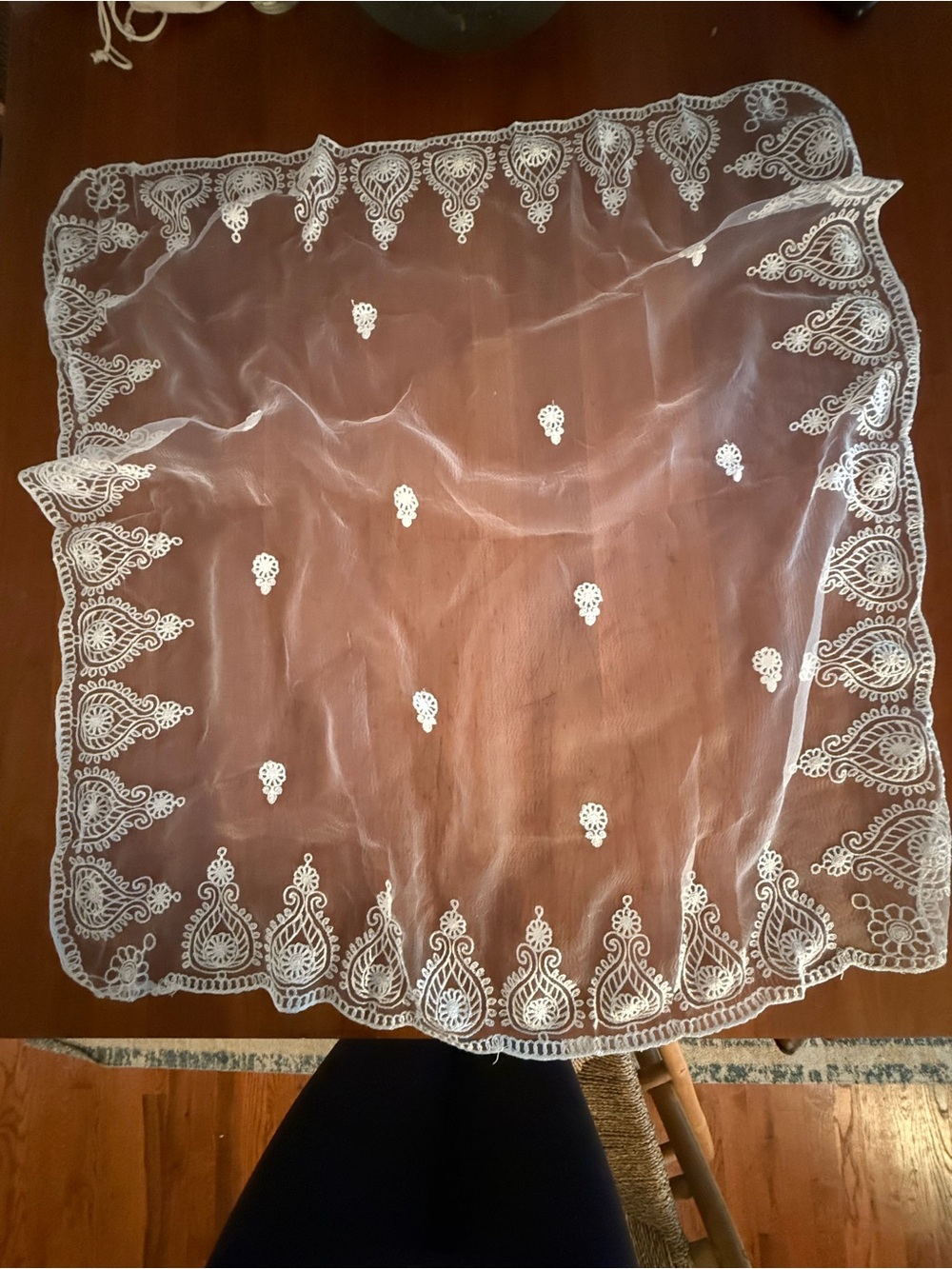 Head Scarf-  Sheer White Embroidered